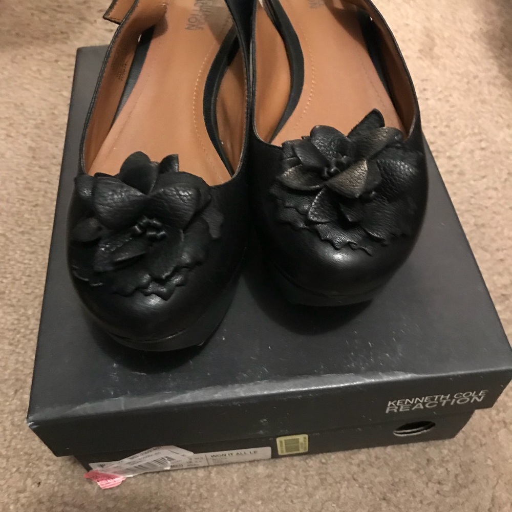 Black leather sling wedges 8.5 M